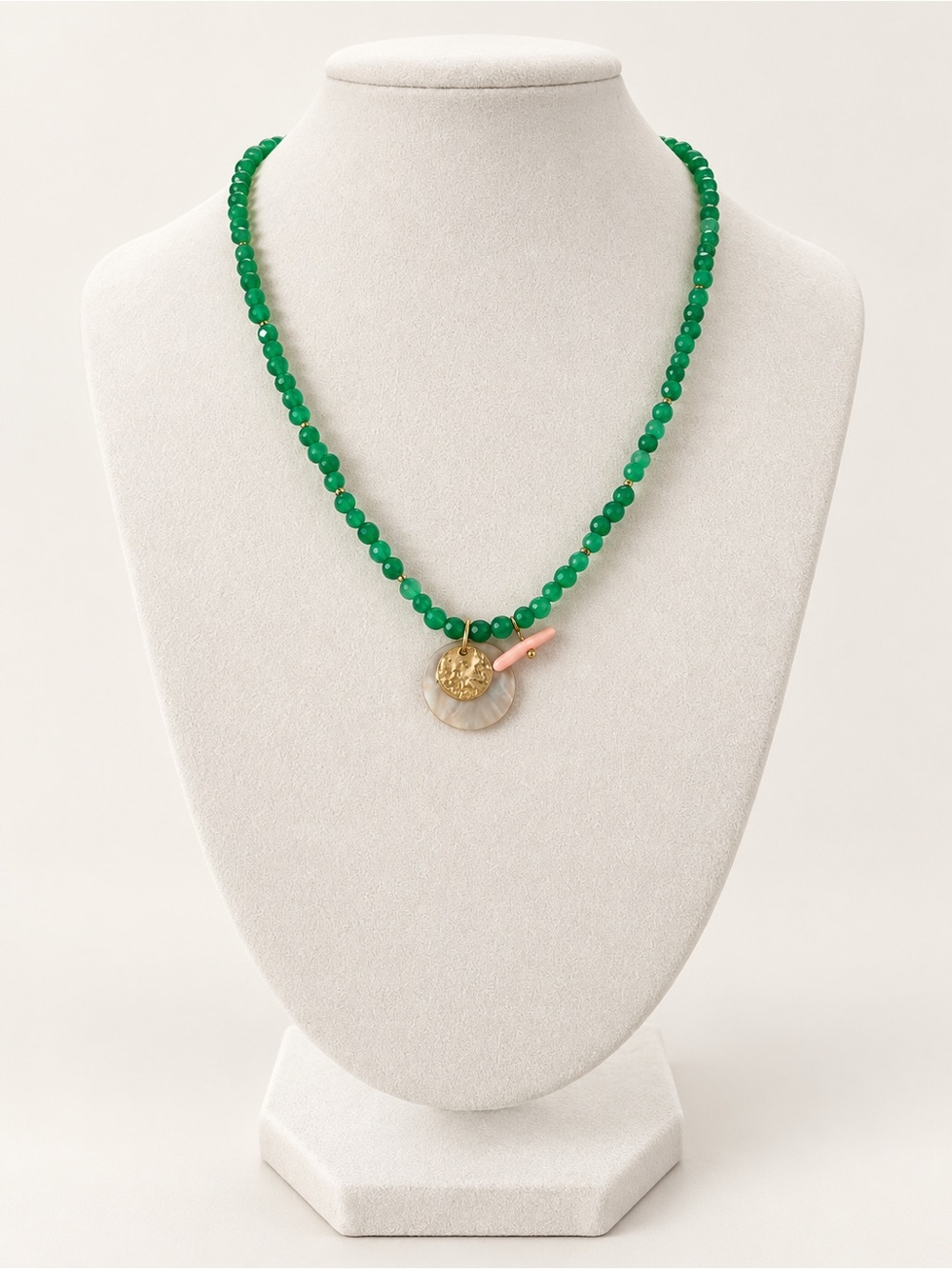 Handmade Green Beaded Pendant Necklace Gold Tone Charm Shell Disc Pink Coral Acc